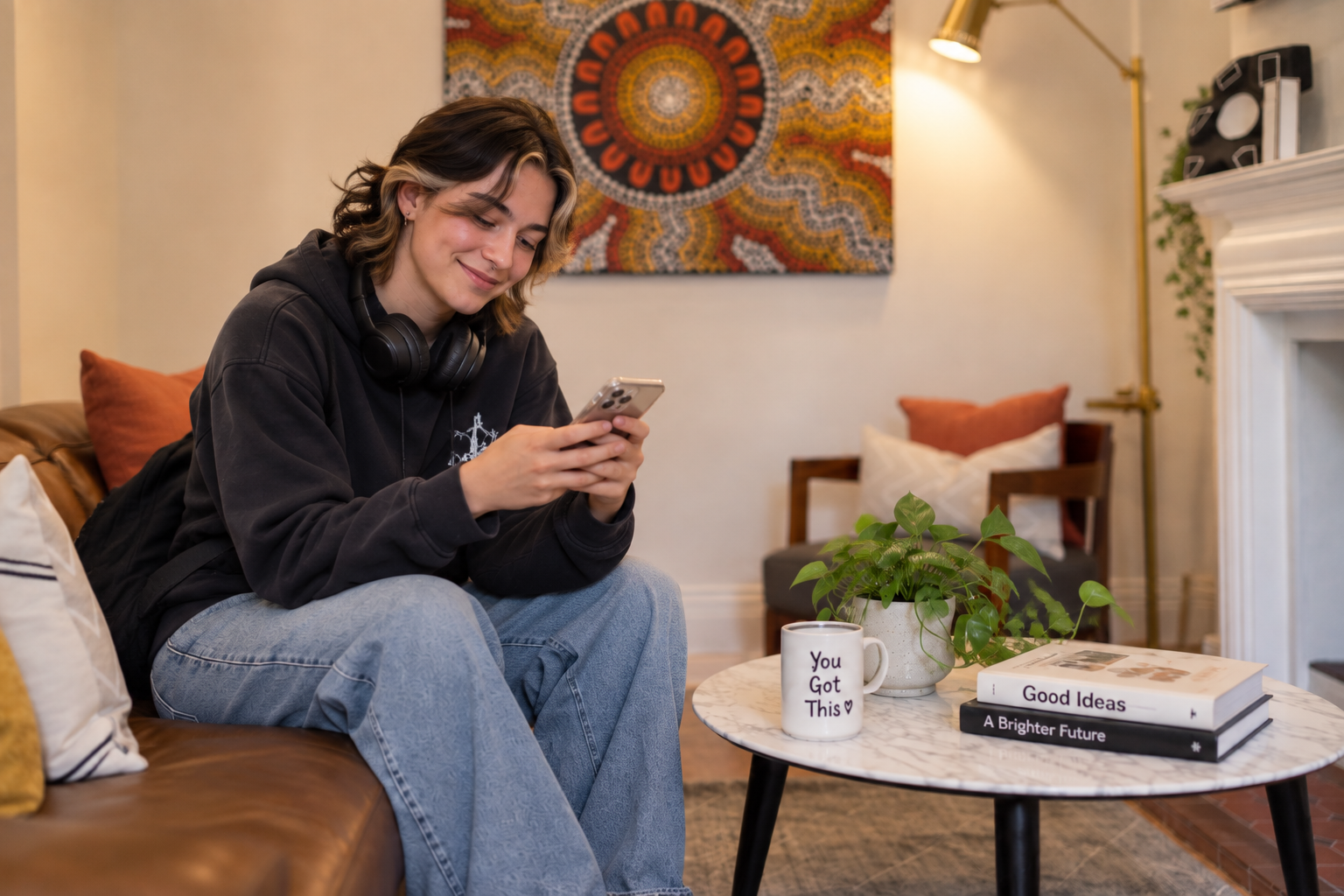 Haven House Granville: Building Connection and Belonging Young person on her phone in the living room at Haven House Granville
